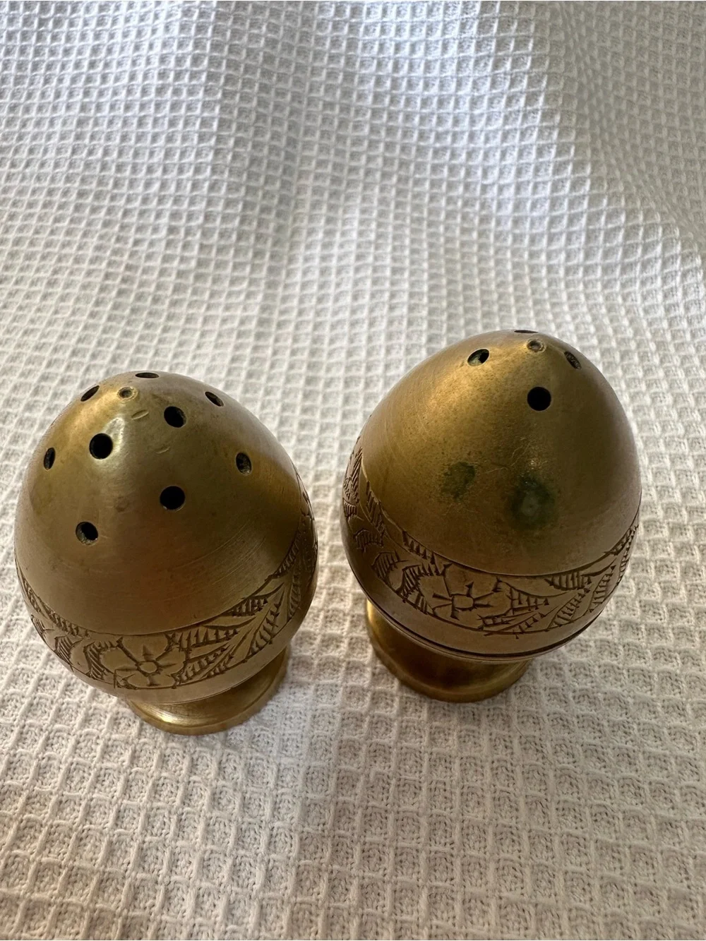 Vintage Hand-Etched Brass Egg Shaker Set - Peshawar Pakistan - Ganibeg Signed
